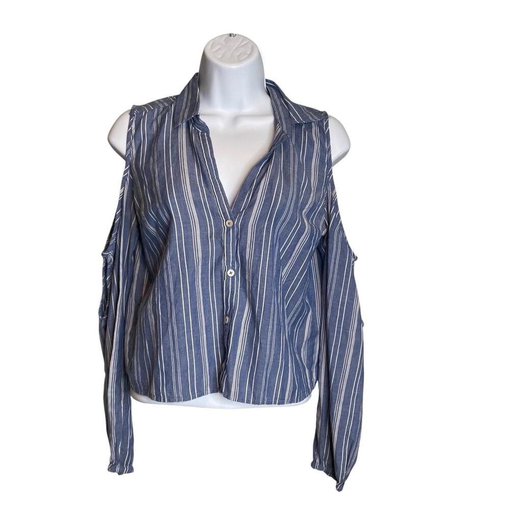 Hollister Y2K Women's Blue Striped Cold Shoulder Button Up Crop Top Size S 2000